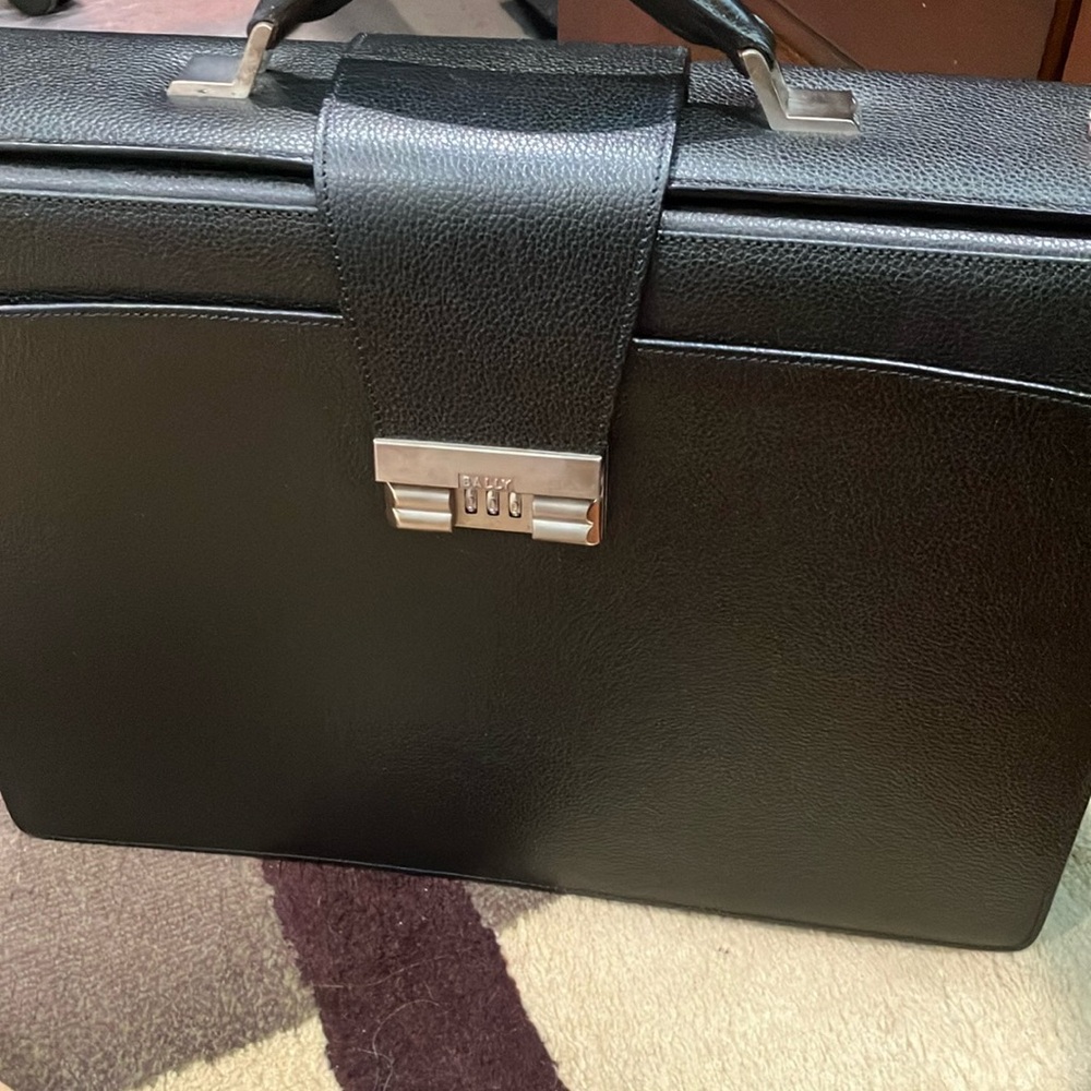 Bally Black Pebbled Leather Briefcase with Silver Hardware